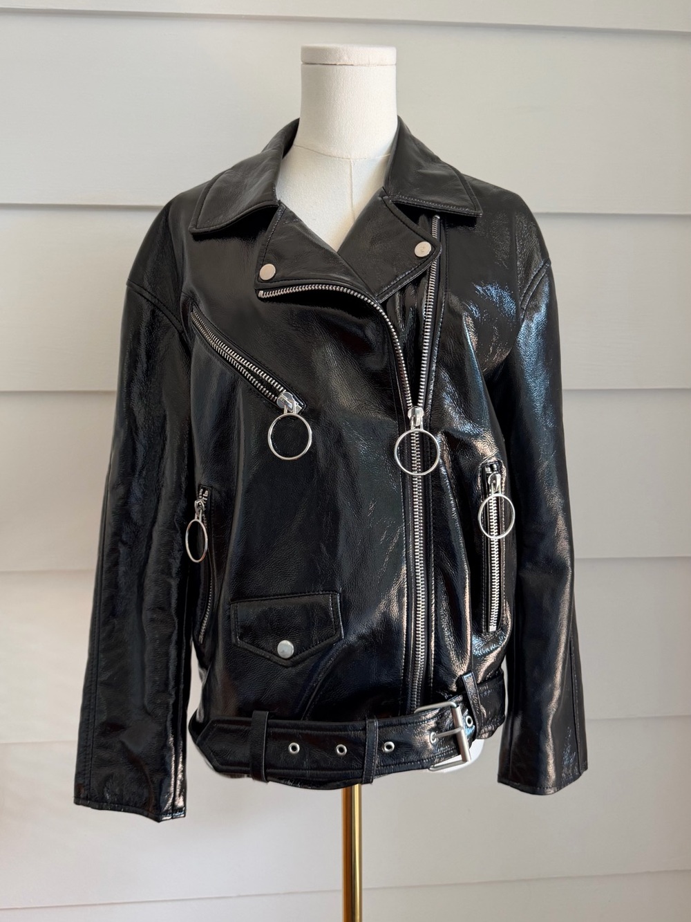 Mango High-Shine Vinyl Biker Jacket with Ring Pull Hardware size XS
